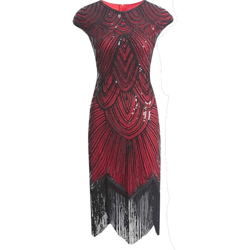 1920s Flapper Costume Dress Women's Size XL Maroon / Burgundy w/ Fascinator